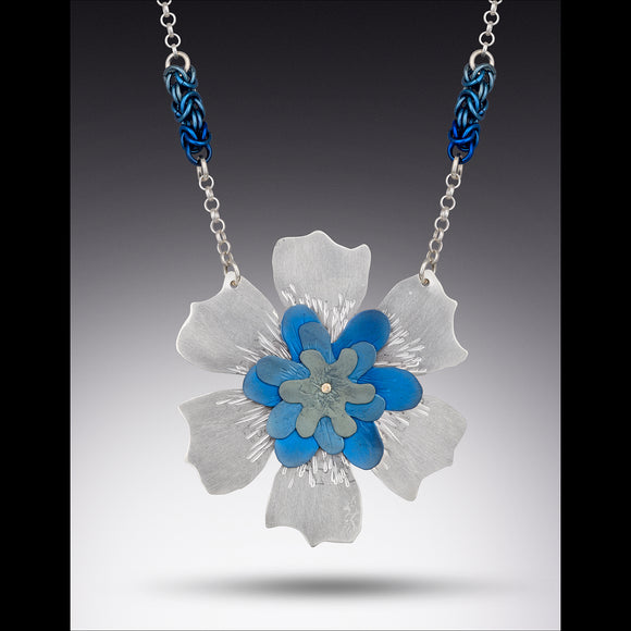 Blue-Shaded Silver Flower Necklace