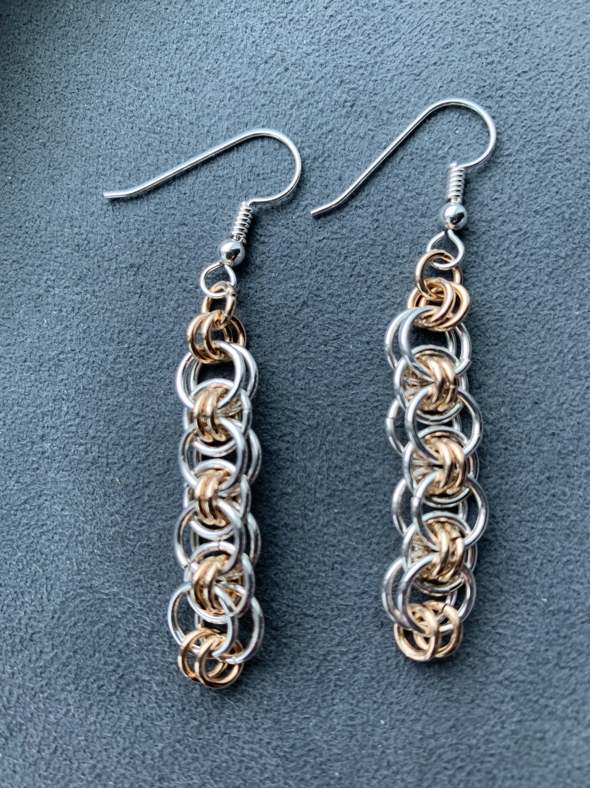 Handmade chainmaille earrings, Turkish Roundmaille, outlet In silver fill & copper + sterling silver / hypoallergenic earwire, Gift wrapped box inc