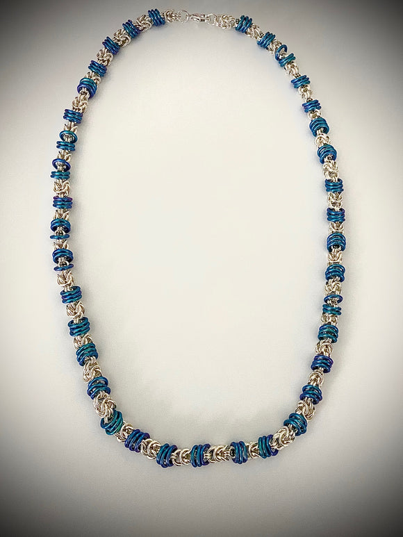 Three Blue Rings Silver Chain Maille Necklace